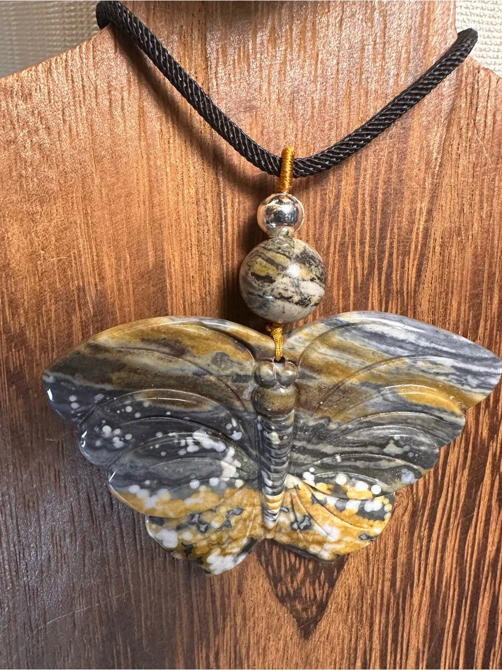 Handcrafted Ocean Jasper Butterfly Pendant Necklace-Green & Gold on Black Rope